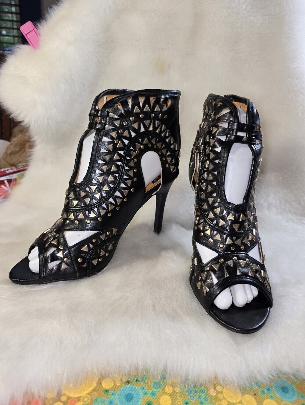 N.Y.L.A. Zalan Black Vegan Leather Studded Cutout High Heel Sandals for Women